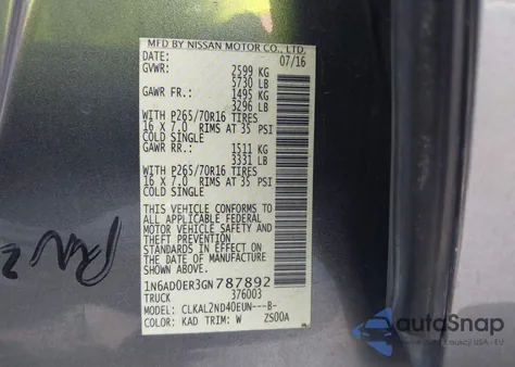 2016 Nissan Frontier Sv z USA, uszkodzony, nr VIN 1N6AD0ER3GN787892